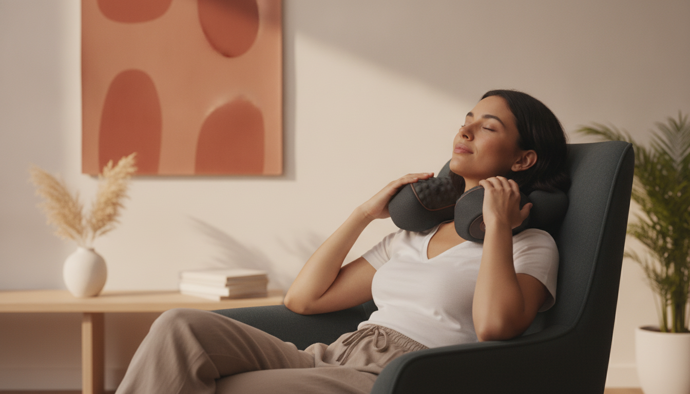 Person relaxing in a warm, modern living room with an Electric Neck Massage Pillow around their neck.