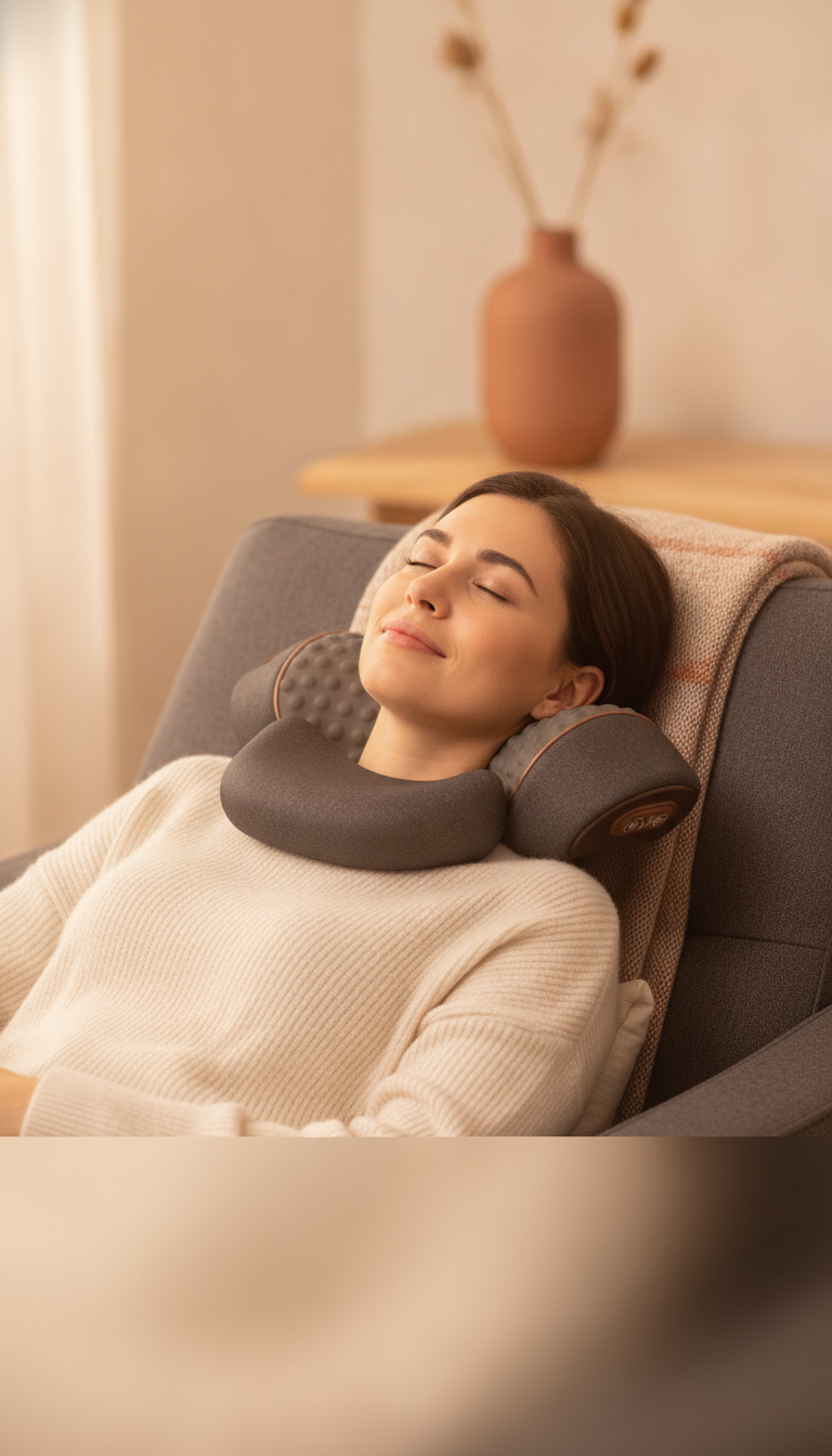 A person uses an Electric Neck Massage Pillow in a warm, cream-toned home setting, centered in a portrait frame.
