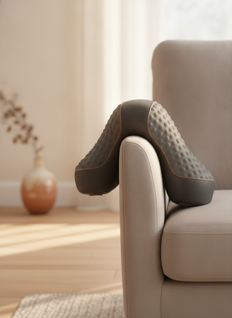 Electric neck massage pillow, polyester fiber, draped over a neutral armchair in a sunlit living room.