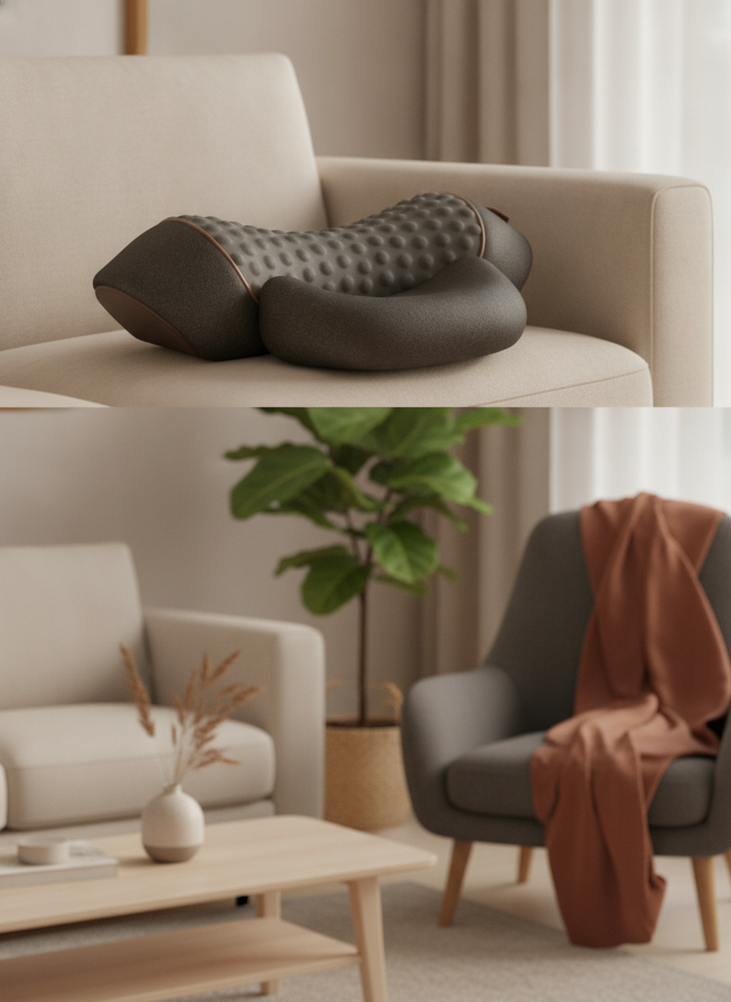 Electric Neck Massage Pillow on a neutral sofa in a modern living room, soft natural light.