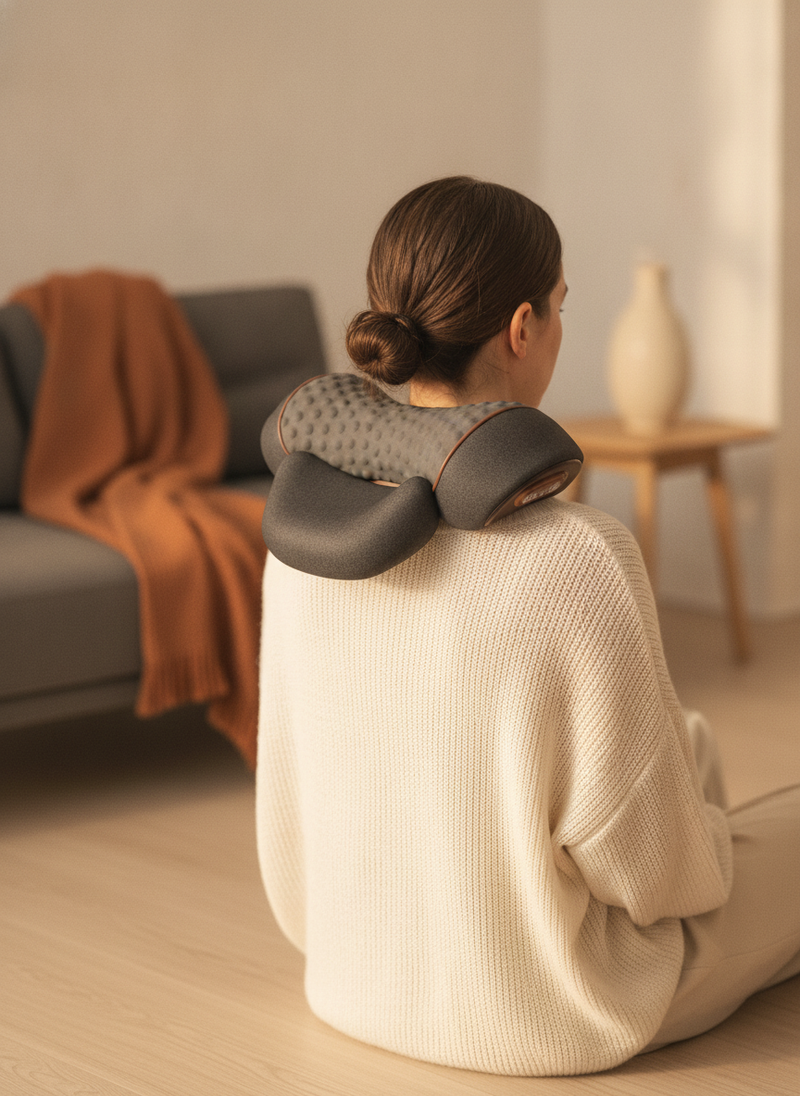 Electric Neck Massage Pillow on a person's shoulders in a modern, light-filled living room.