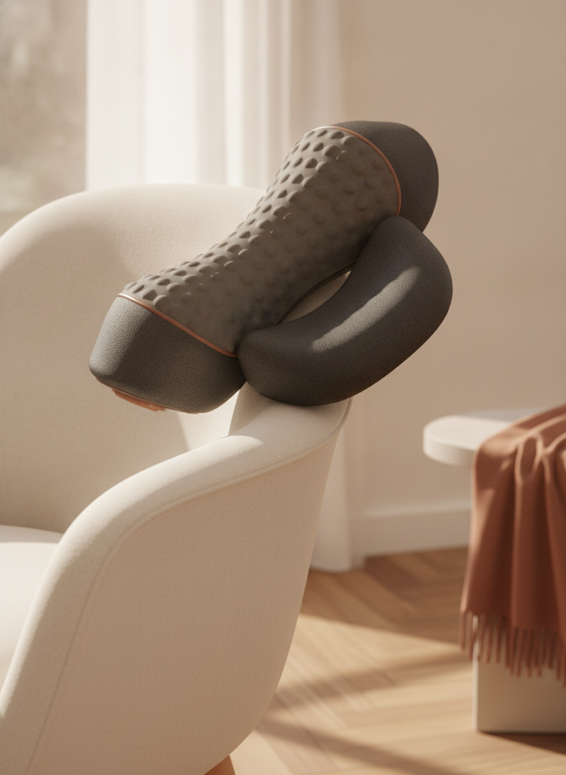 Electric Neck Massage Pillow draped over a cream armchair in a sunlit living room, with a blurred warm wooden floor.