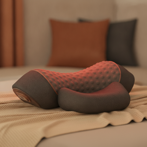 Close-up of an Electric Neck Massage Pillow with a gentle red glow from its massage nodes, resting on a warm cream textile.