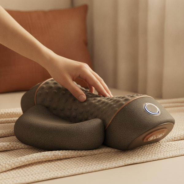 Close-up of an electric neck massage pillow with a hand adjusting its controls, highlighting precise vibration modes for pers