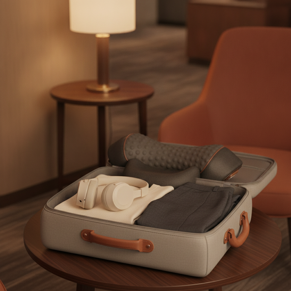 Electric neck massage pillow, made of polyester fiber, packed into a carry-on bag, emphasizing its compact size and portabili