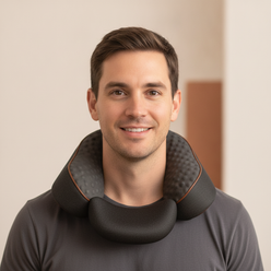 Portrait of Tom Harris, a North American man, wearing an Electric Neck Massage Pillow with a calm expression, against a soft,