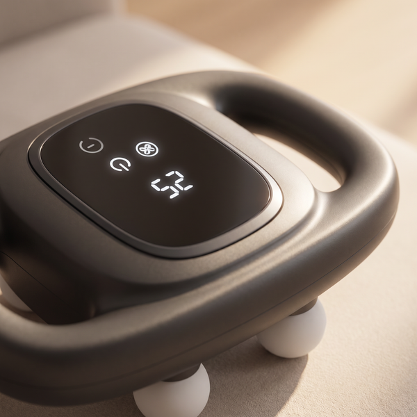 Close-up of the LCD control panel and massage heads of the 12-head massage instrument