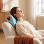 Woman leaning back into an armchair with the cervical massage pillow behind her neck