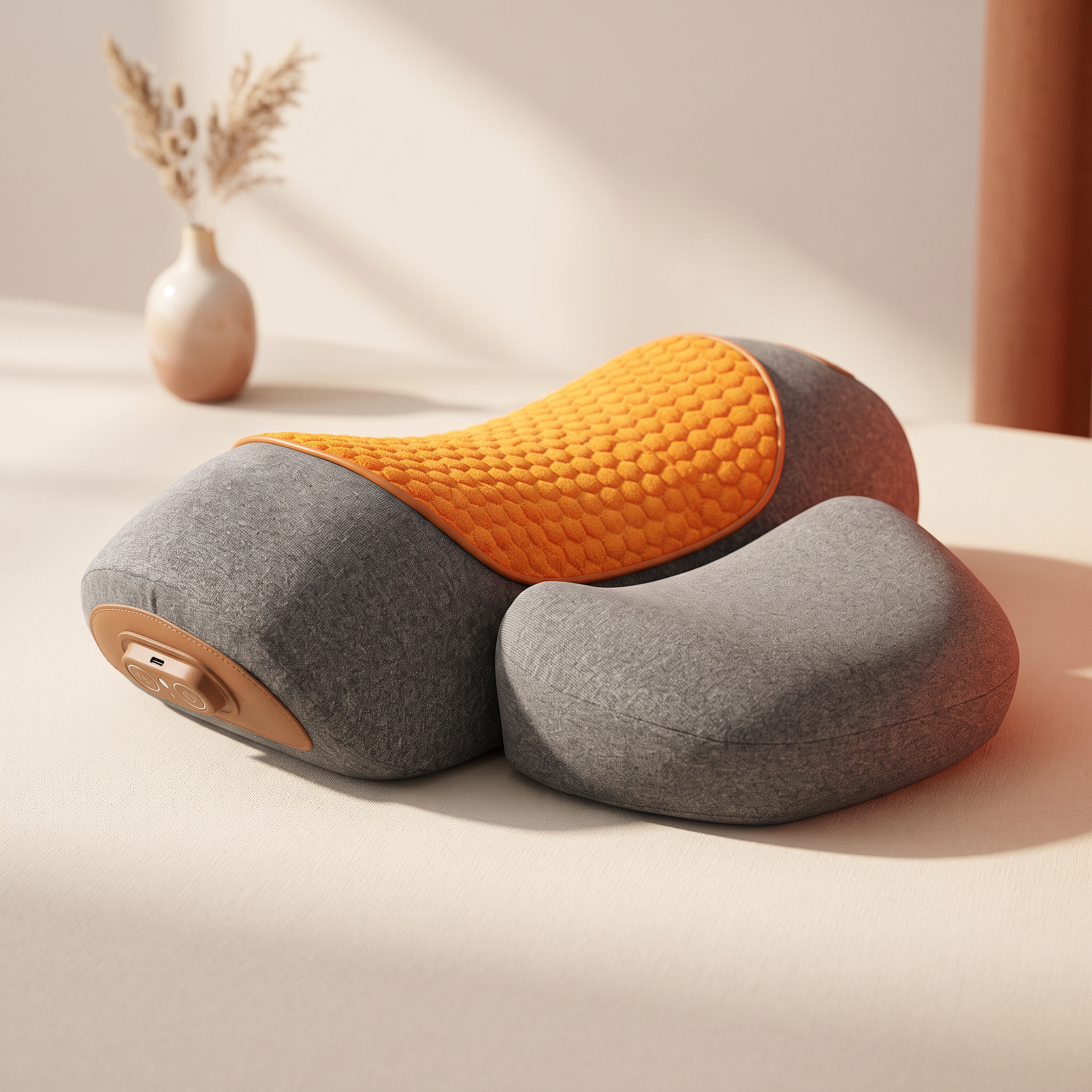 Two-piece heated cervical traction pillow with orange honeycomb heating panel on a cream studio backdrop