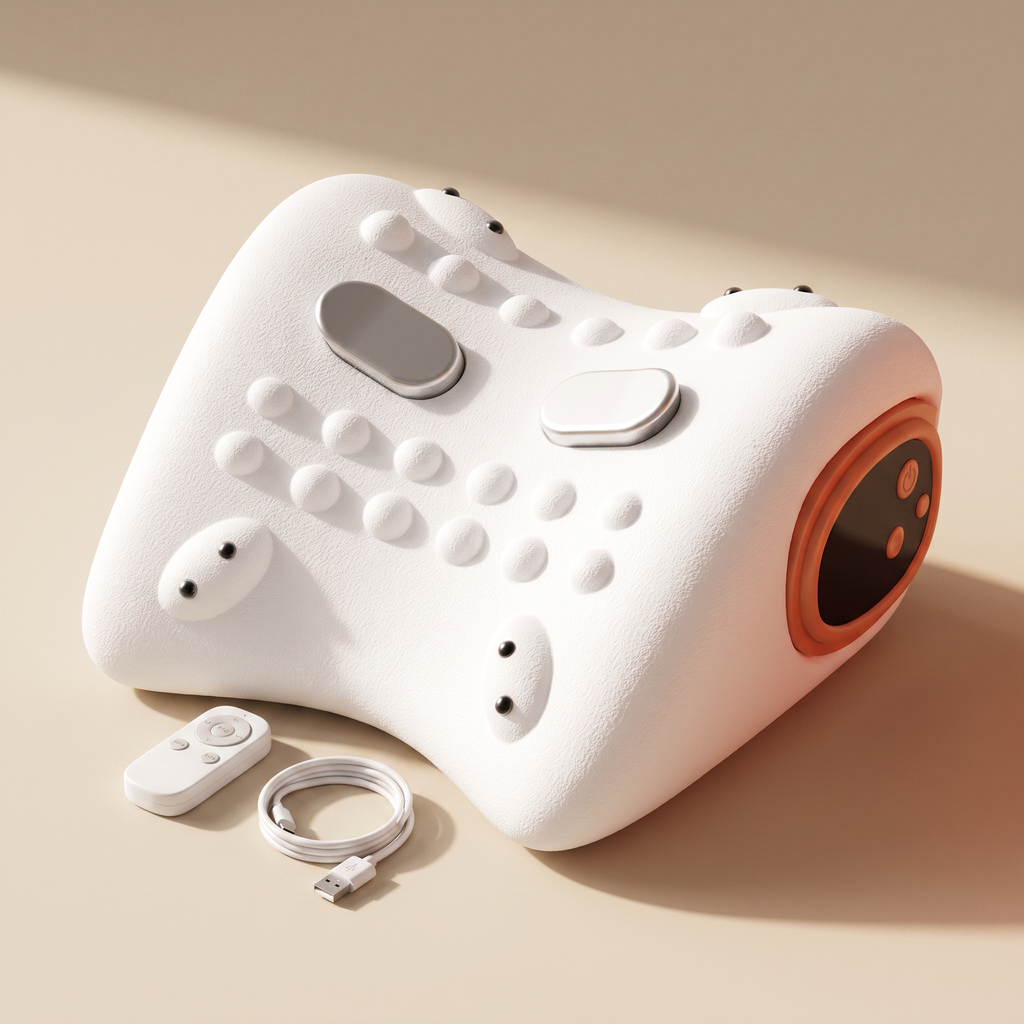 White multifunctional cervical massage pillow with remote and cable on a cream studio backdrop
