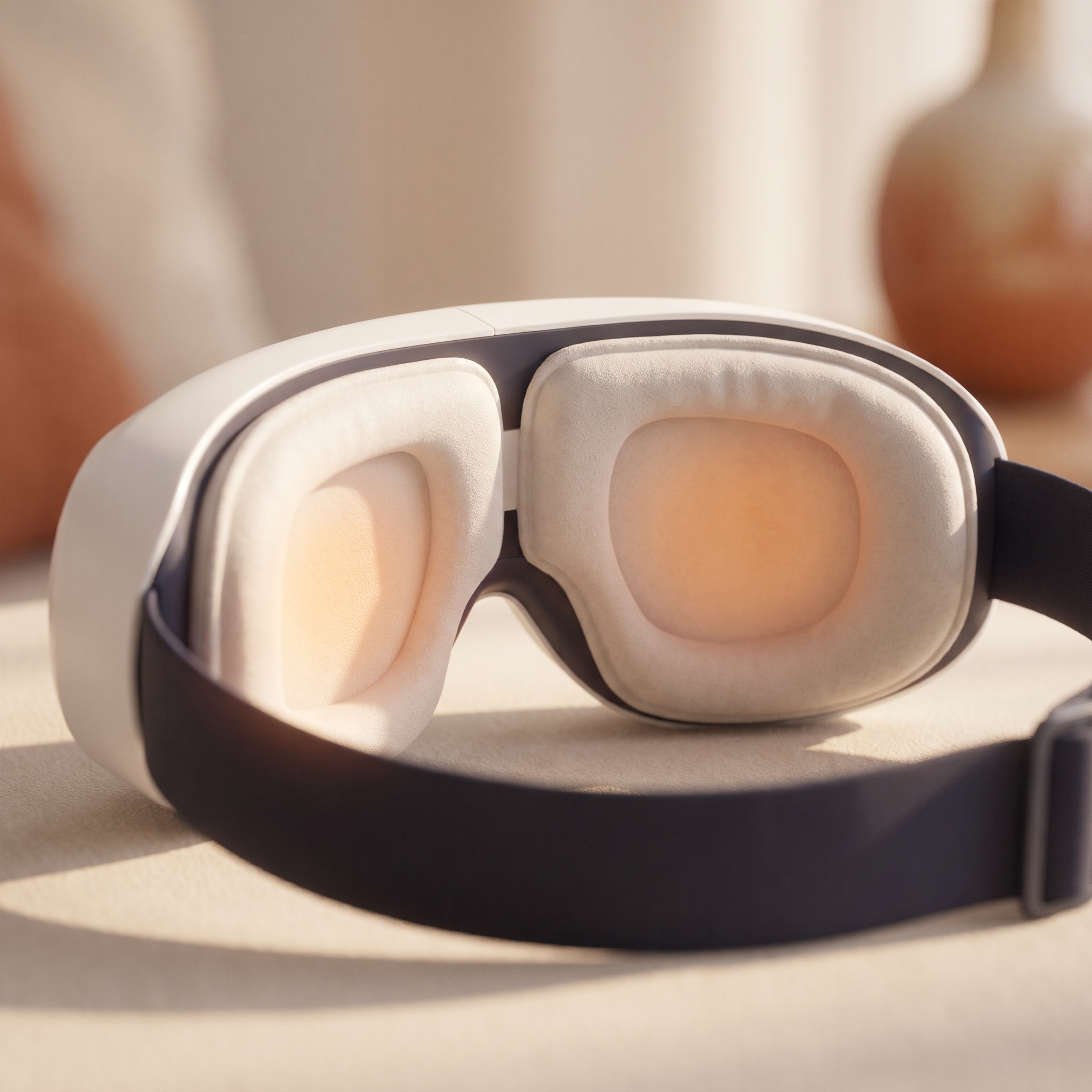 Close-up of the eye mask inner heating pads with warm 42 degree hot compress glow