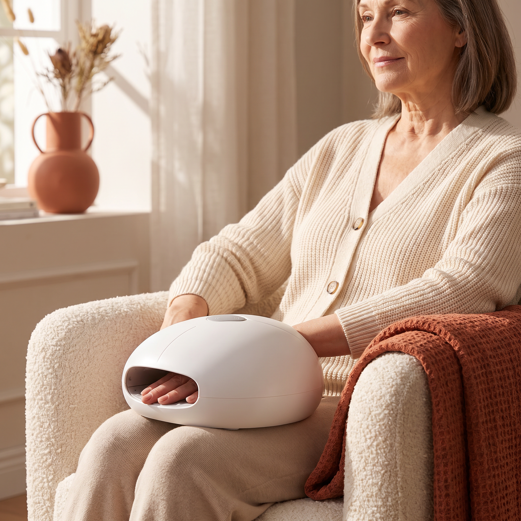 Woman in an armchair using the white hand massager resting on her lap