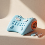 Multifunctional cervical massage pillow with its wireless remote on a cream studio backdrop