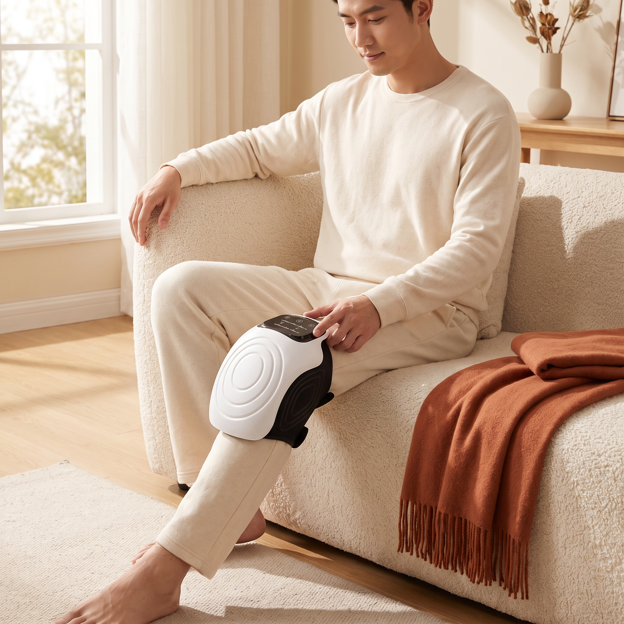 Man on a sofa adjusting the white heated knee massager strapped around his knee