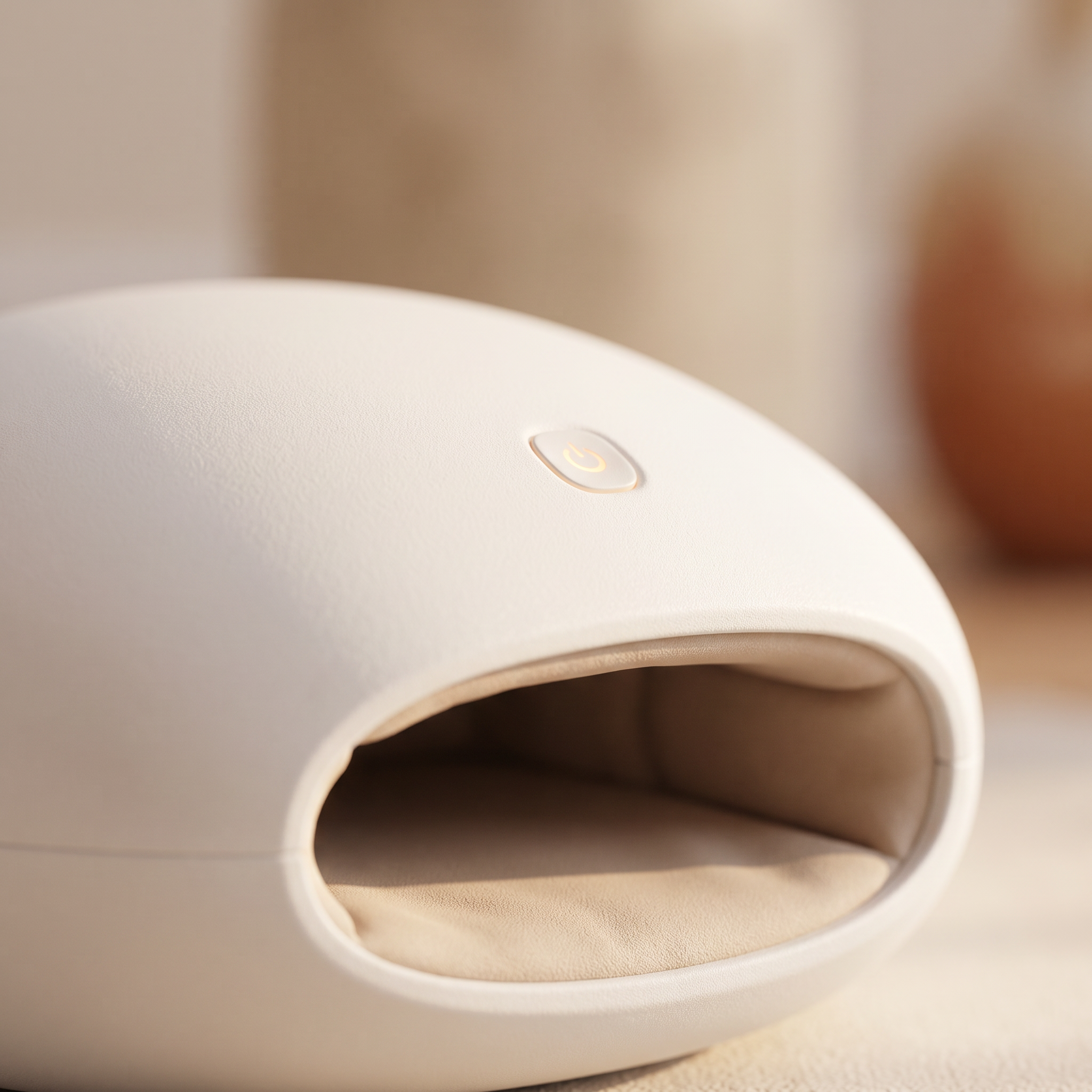 Close-up of the hand massager opening with padded interior and heat indicator lit