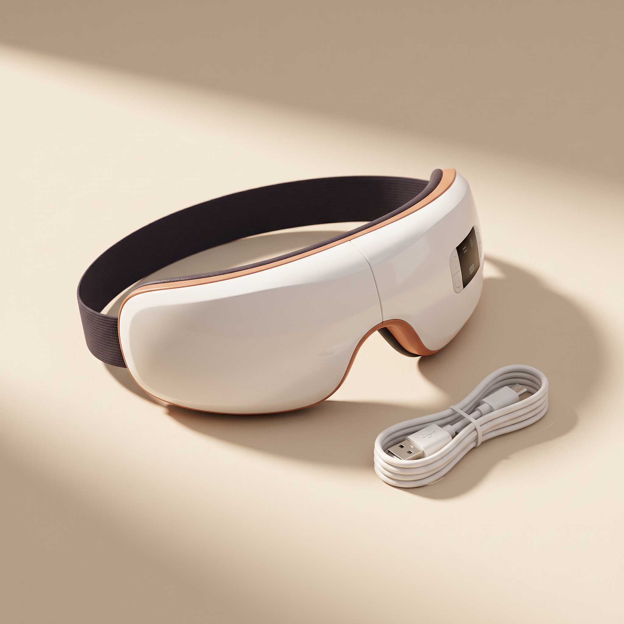 White heated eye massage mask with USB cable on a cream studio backdrop