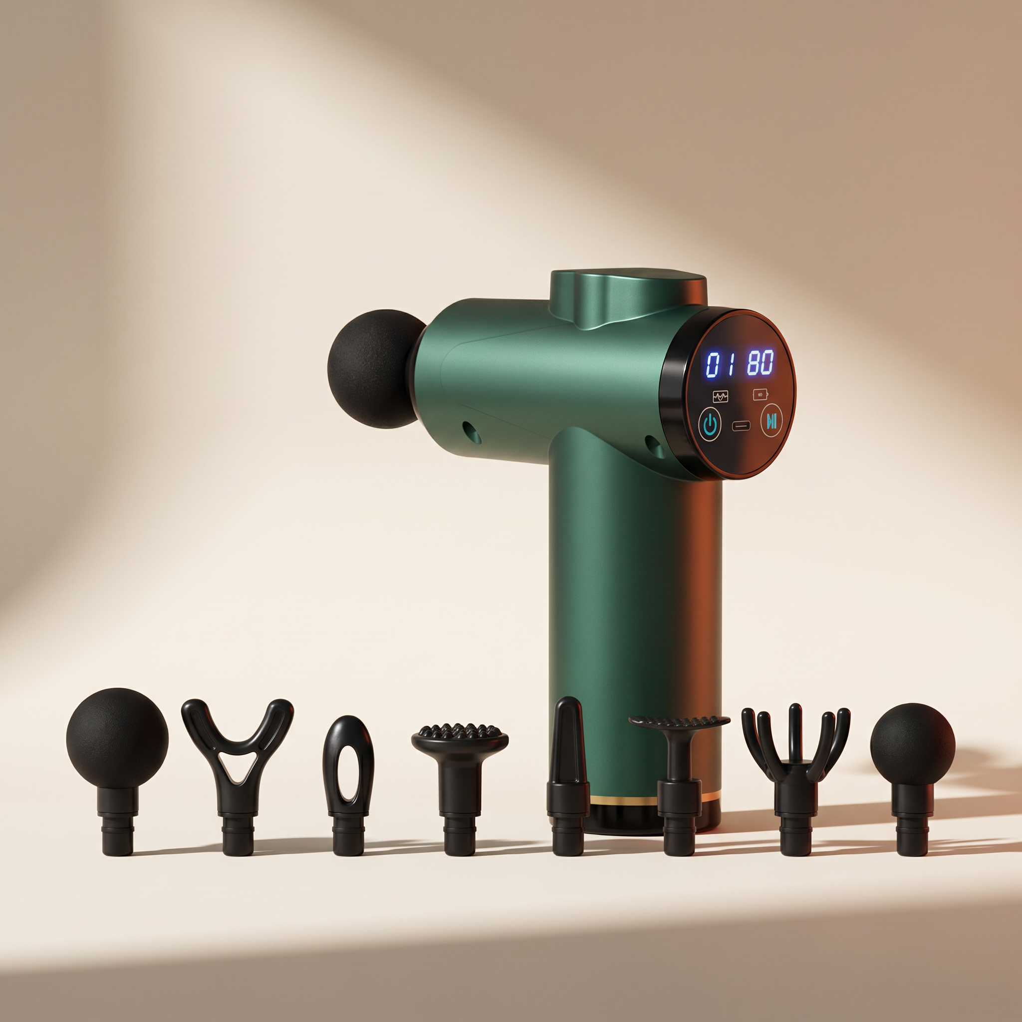 Dark green percussion massage gun with its interchangeable heads on a cream studio backdrop