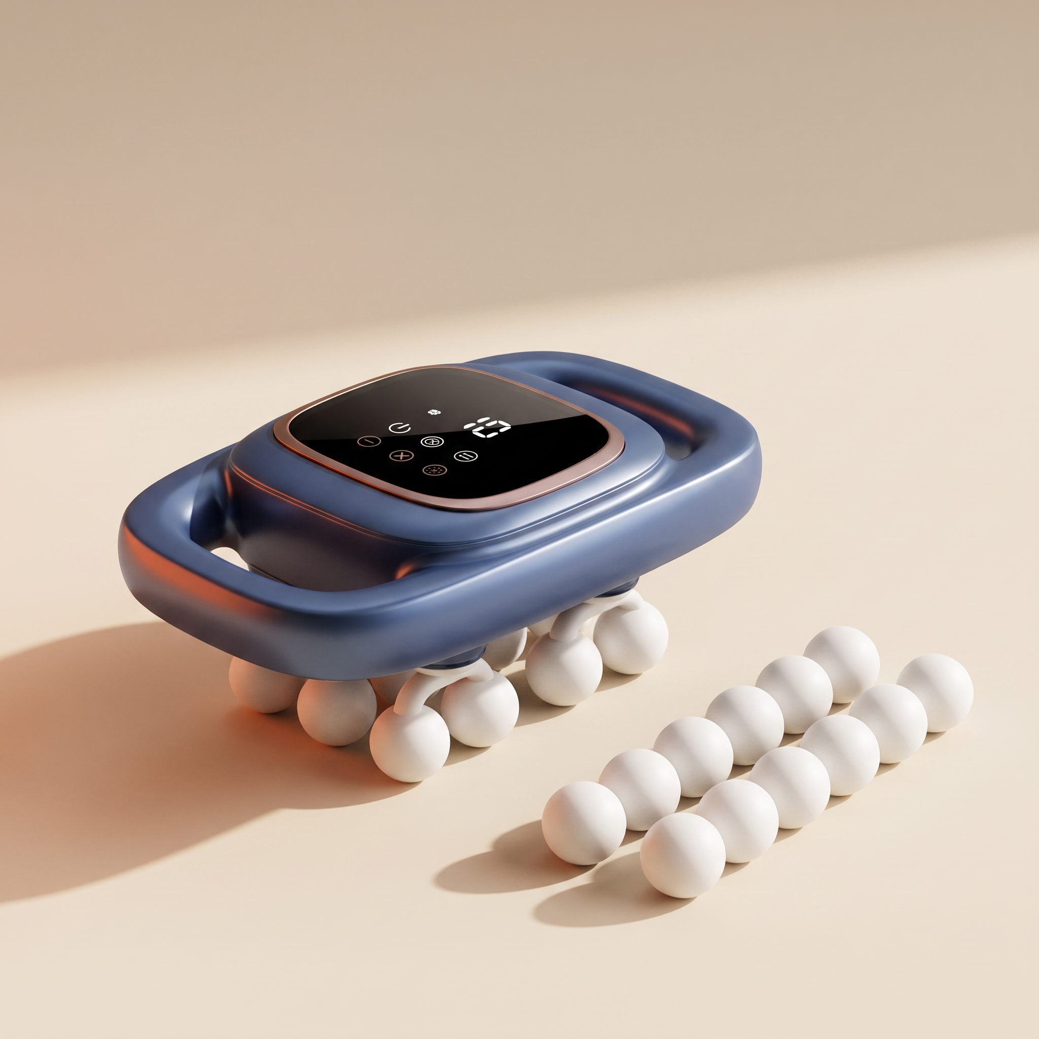 Blue 12-head ring massage instrument with its massage heads on a cream studio backdrop