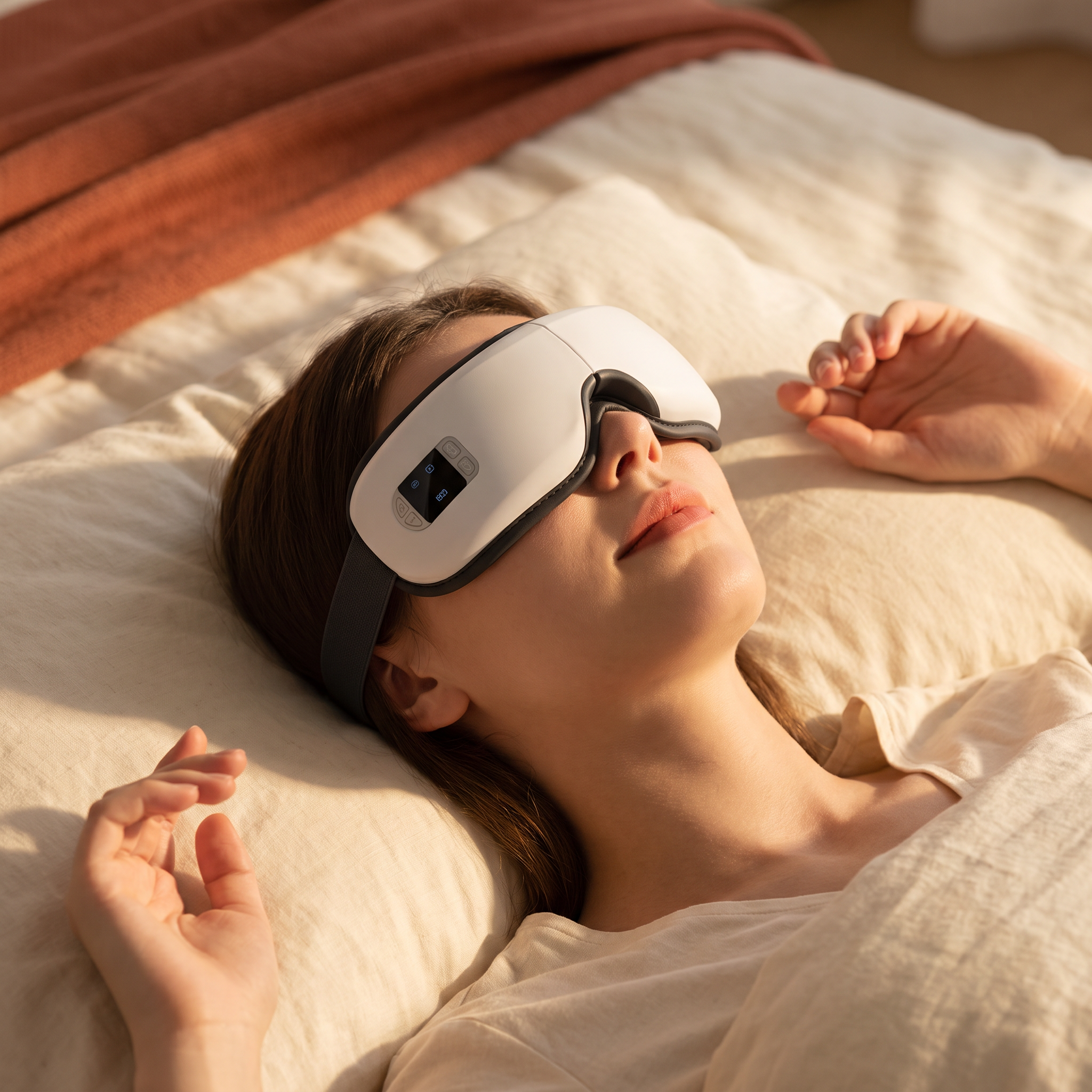 Woman resting on cream bedding wearing the white heated eye massage mask