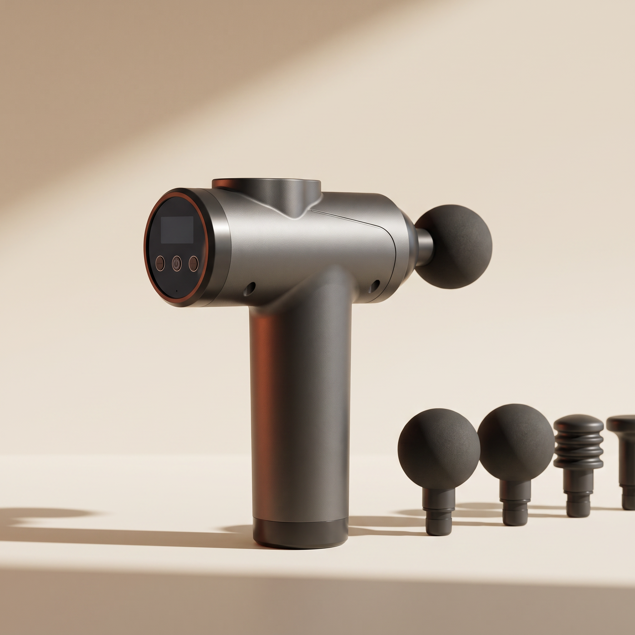 Dark grey percussion massage gun with its interchangeable heads on a cream studio backdrop