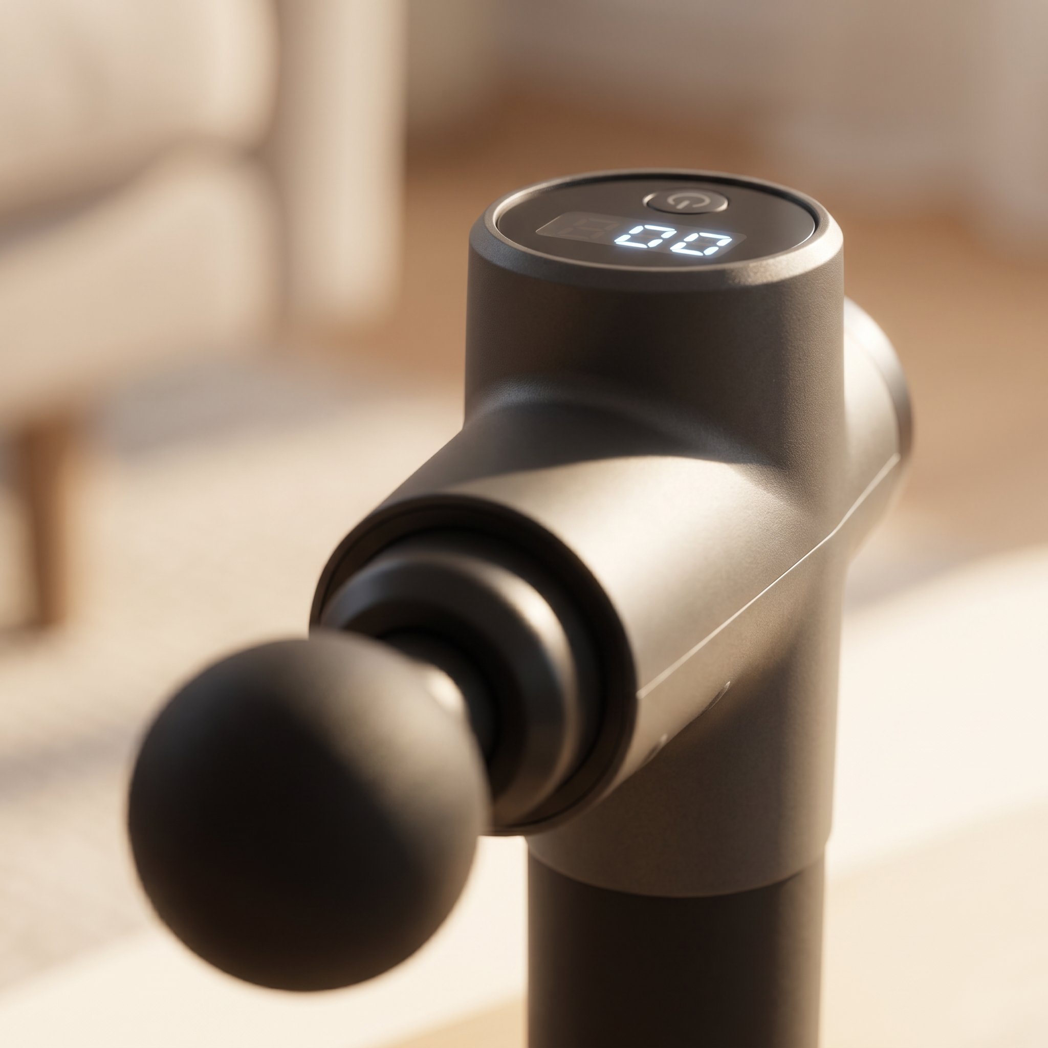 Close-up of the massage gun LED gear display and massage head attachment