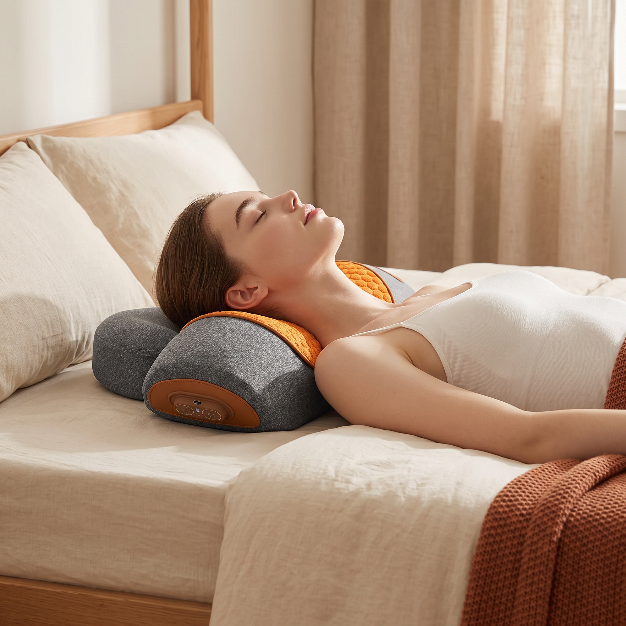 Woman lying on her back with her neck resting on the heated cervical traction pillow