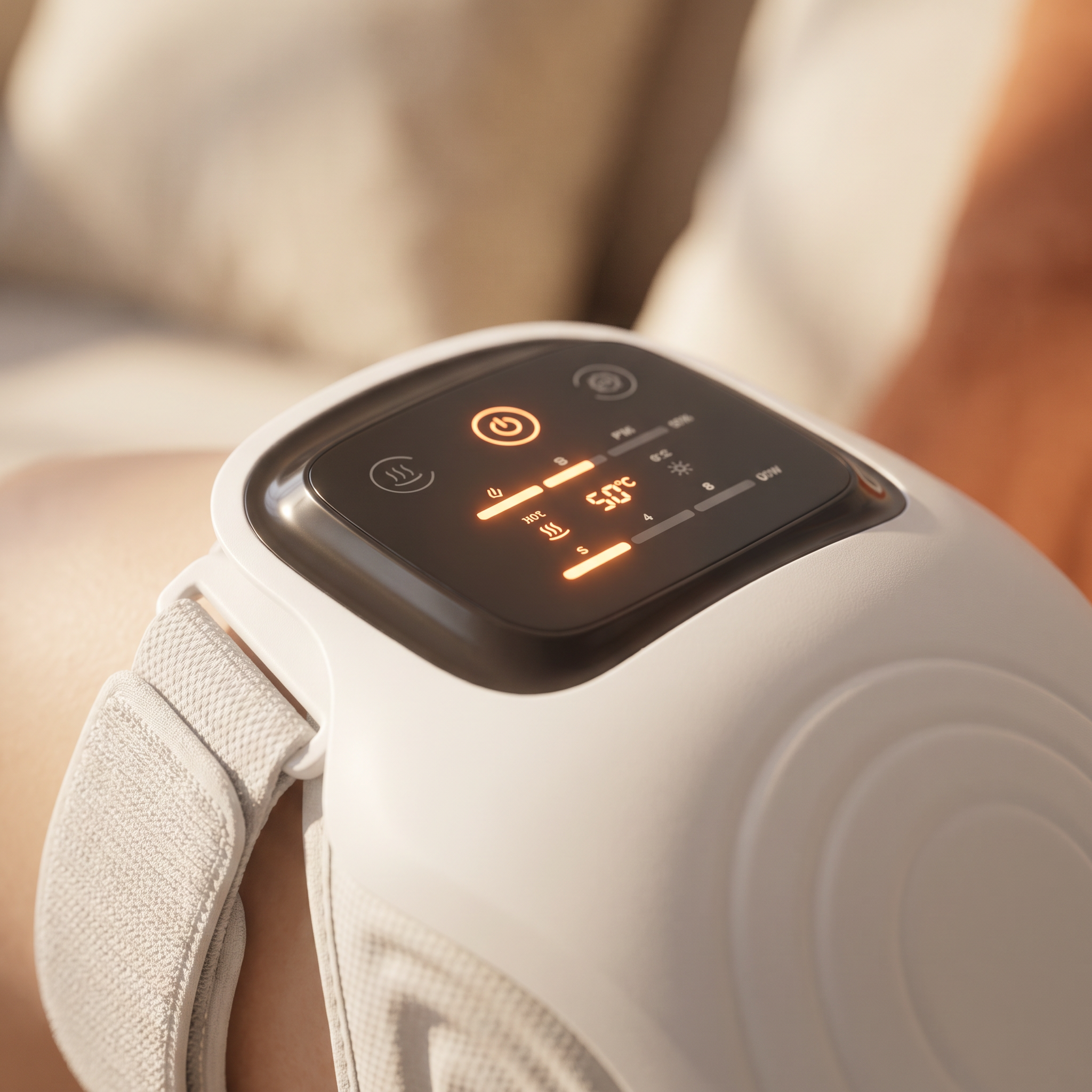 Close-up of the knee massager control screen showing the 50 degree heat setting