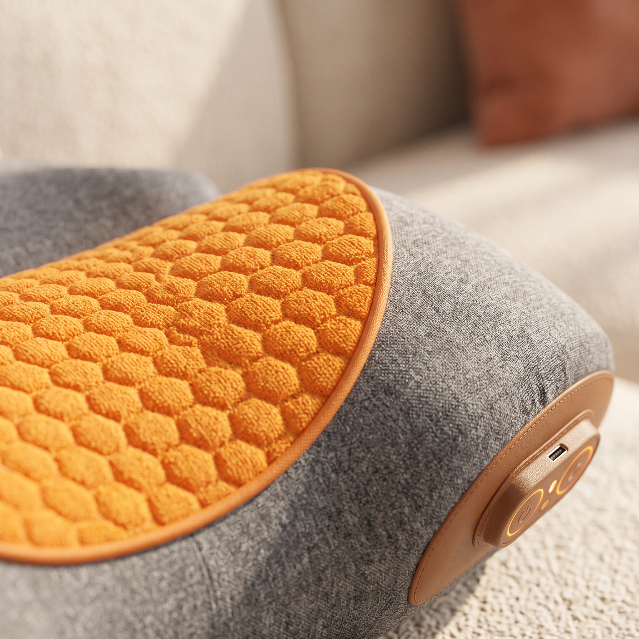 Close-up of the orange honeycomb heating panel and leather control panel of the cervical pillow