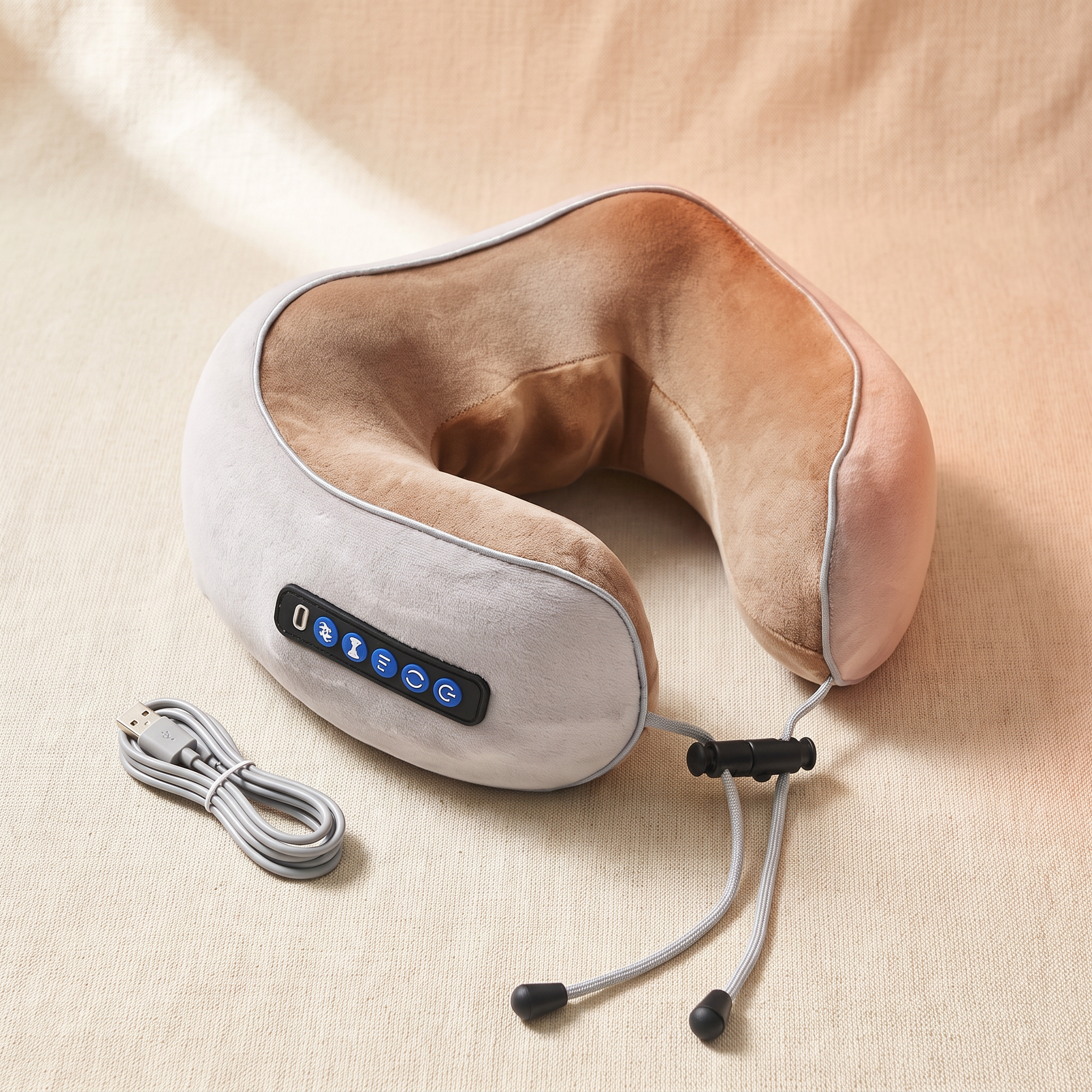Grey U-shaped cervical massage pillow with USB cable on a cream studio backdrop