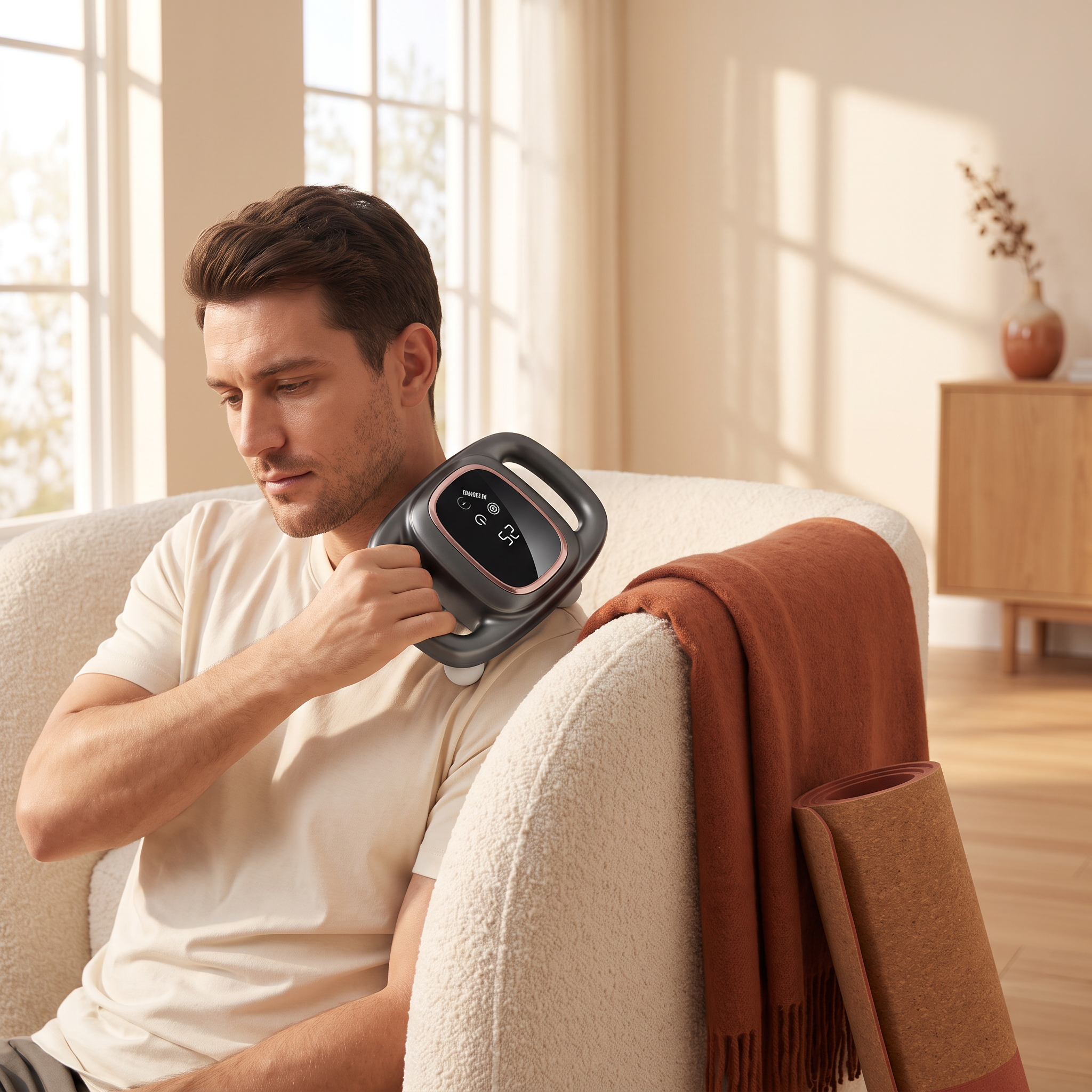 Man using the 12-head massage instrument on his shoulder at home