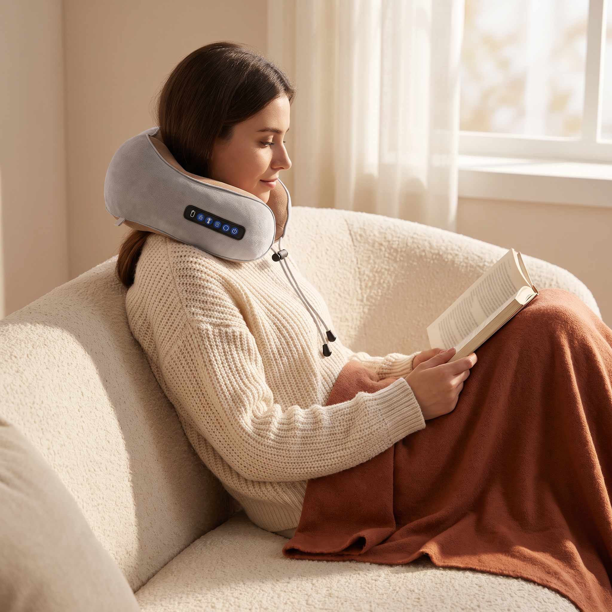 Woman reading on a sofa wearing the grey U-shaped neck massage pillow
